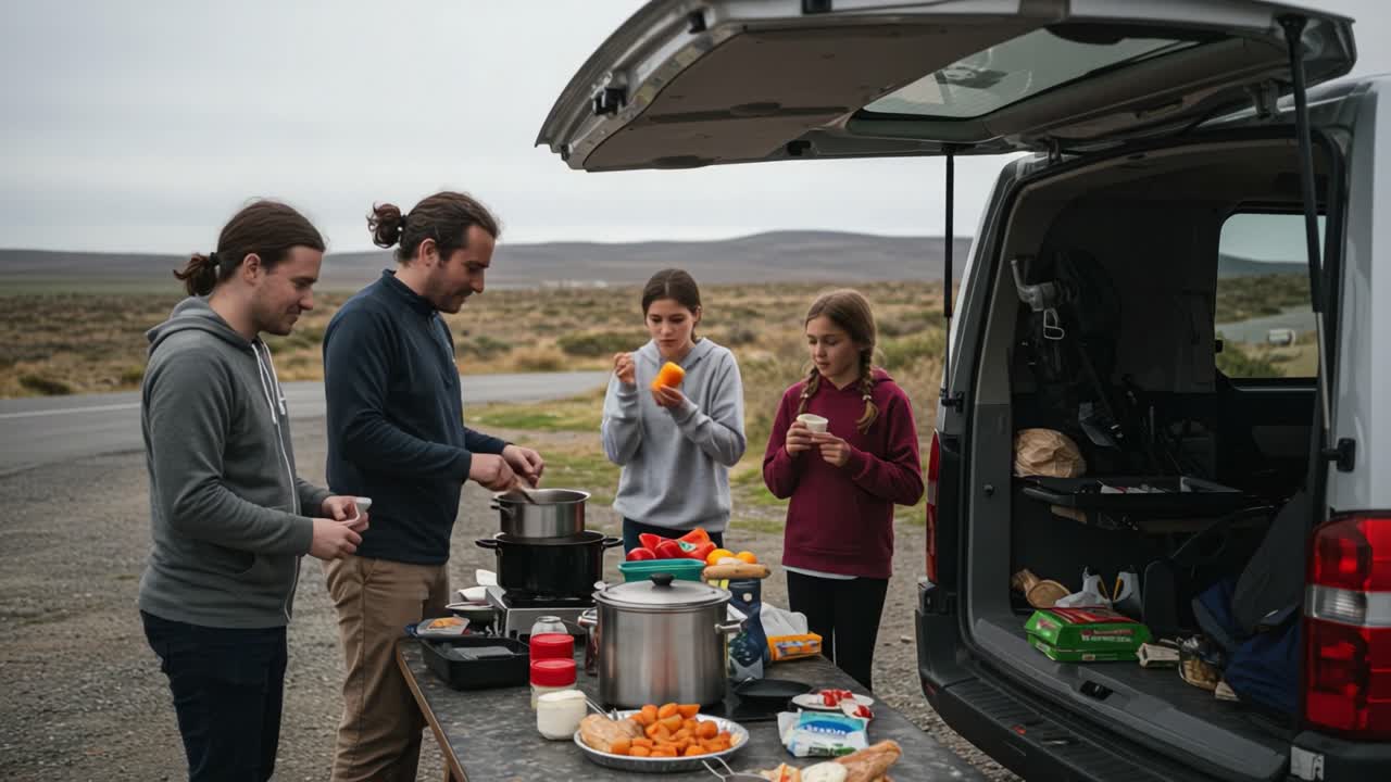 A group of friends enjoying a scenic outdoor cooking experience by the roadside, bonding over delicious meals prepared from their van's kitchen setup
