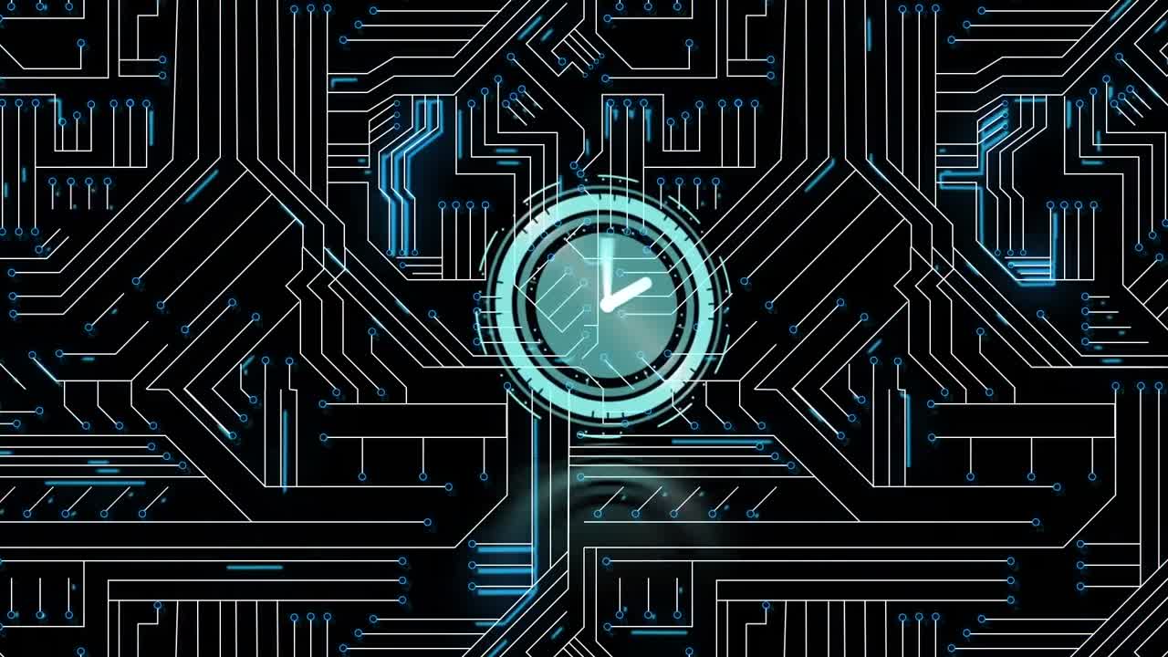 animación del reloj con una red de conexiones sobre fondo negro