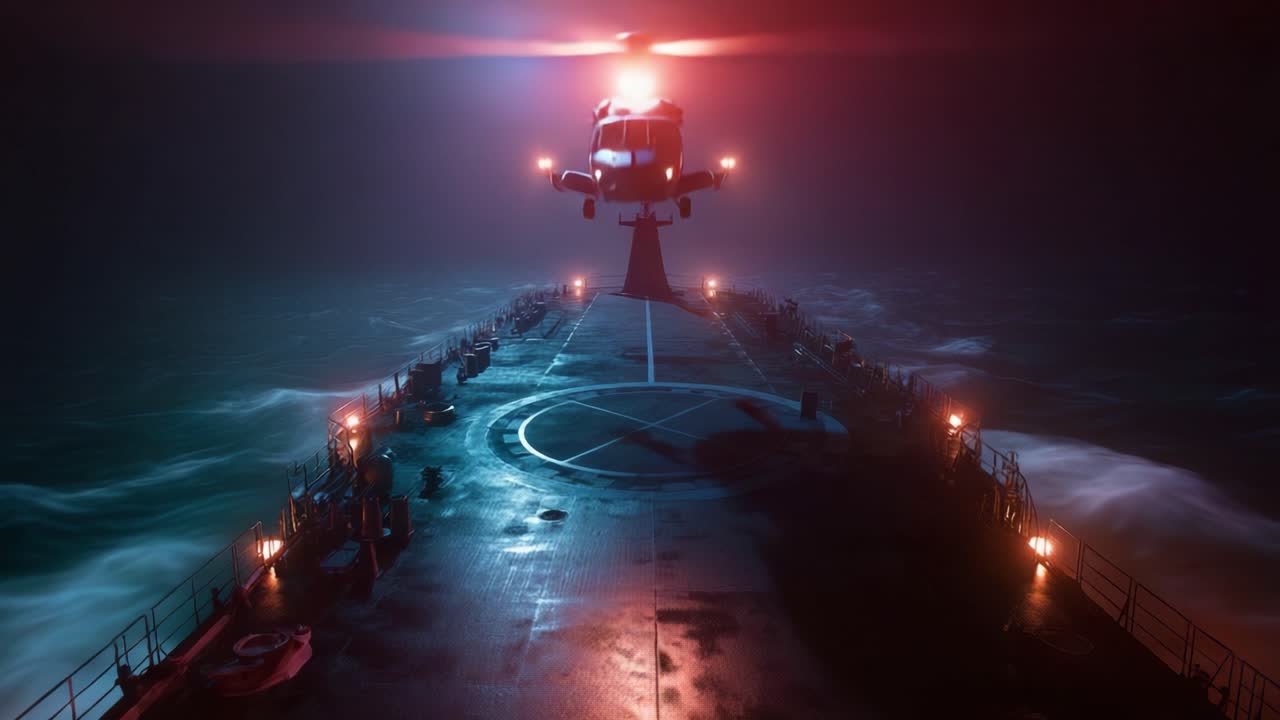Night aerial view of a naval ship's deck illuminated by red and blue lights. Waves crash around the vessel under stormy conditions. Helicopter hovers above landing pad