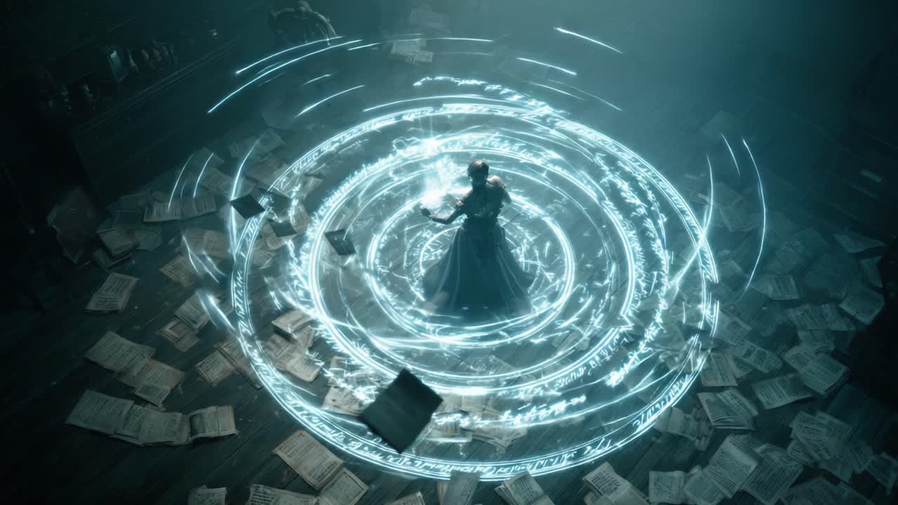 A powerful sorceress conjures magical energy in a dimly lit room filled with scattered ancient texts and spellbooks, surrounded by swirling mystical symbols