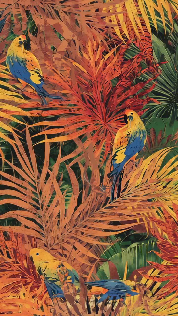 Vertical video: Flickering orange flame spreading up palm fronds, blurring two perched parrots