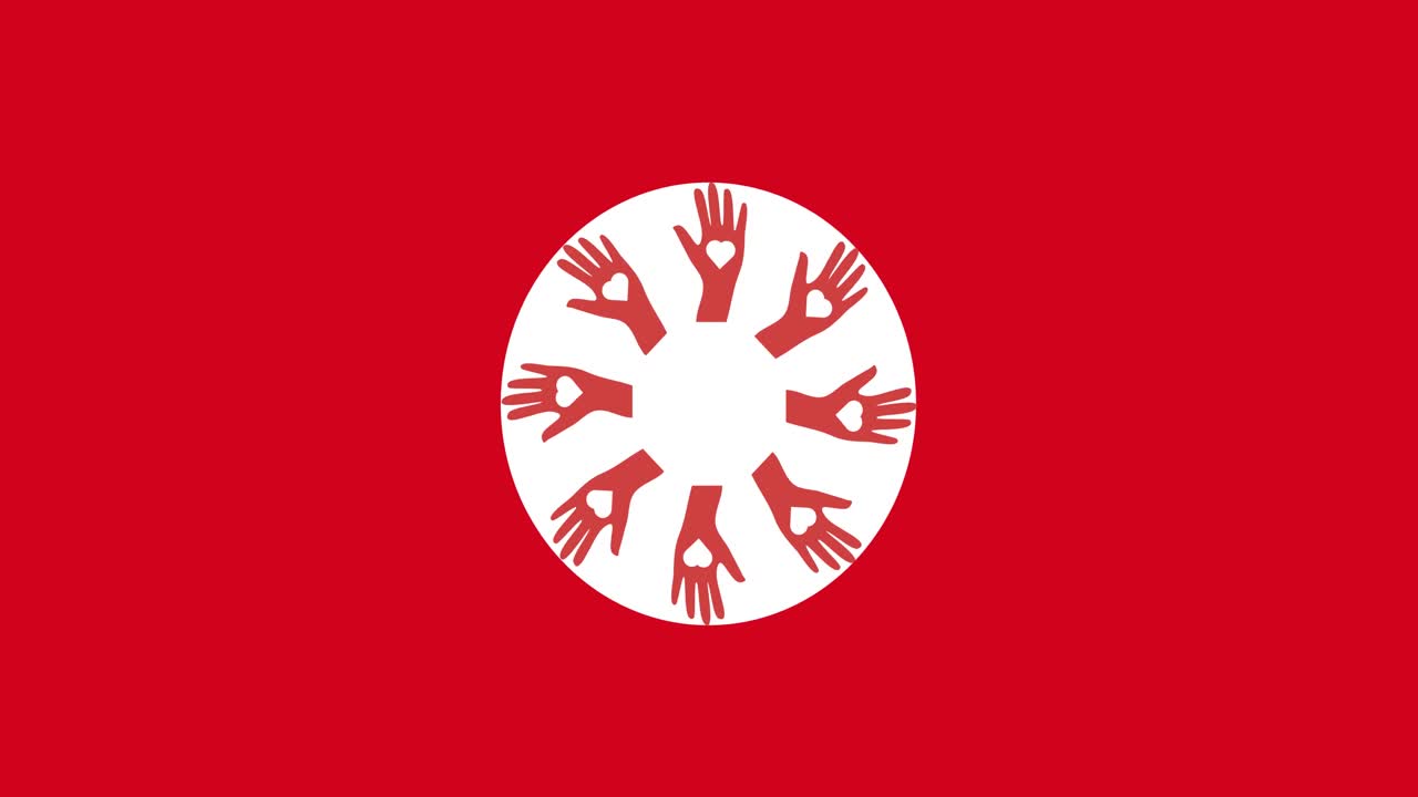 animación de manos con icono de corazón sobre fondo rojo