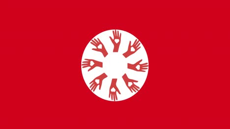 animación de manos con icono de corazón sobre fondo rojo