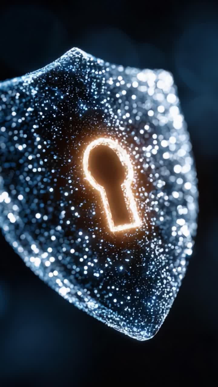 A Glowing Security Shield with a Keyhole Symbolizing Protection and Privacy, Enhanced by a Sparkling Blue Background to Convey a Sense of Safety and Digital Defense