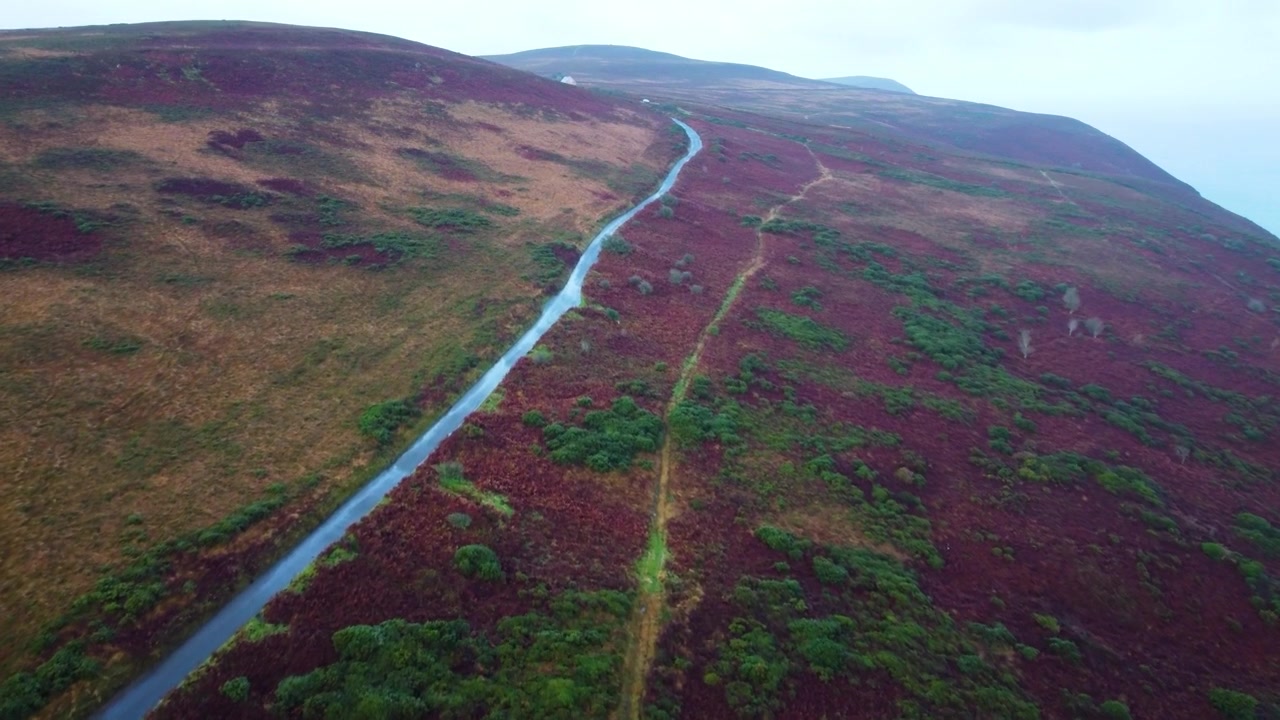 Landevej på landet set fra oven i tidlig morgenblå time-belysning med vandrestier over hedelandskab og havbaggrund på Exmoor, Storbritannien 4K.