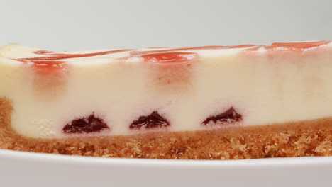 close-up of a slice of strawberry cheesecake