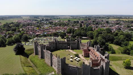 flying over drone shot of framingham castle and showing the town of framingham which it overlooks in, suffolk, uk. 21.06.25