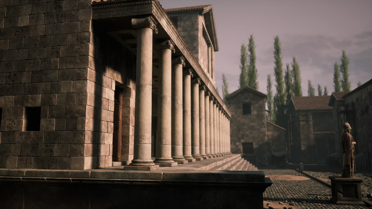 Ancient architecture and statues in a historical plaza with columns