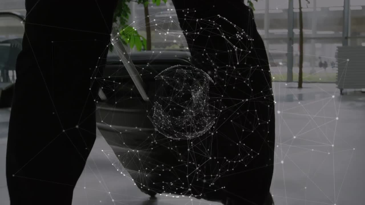 가방 을 들고  ⁇ 고 있는 사업가 의 다리 위 에 있는 연결 과 지구 의 애니메이션