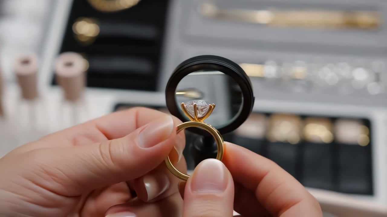 Inspecting a Diamond Ring with a Jeweler's Loupe