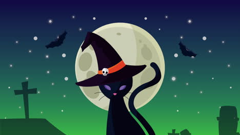 el gato brujo de halloween en el cementerio