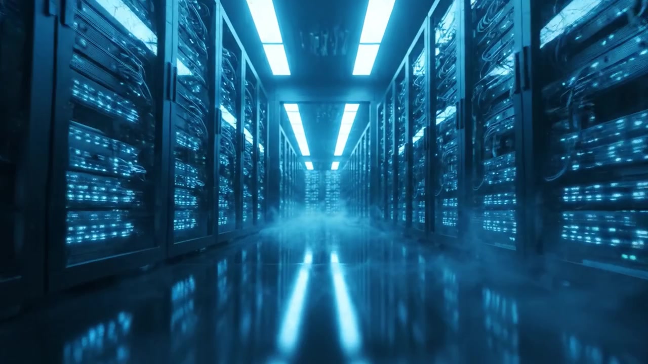 A Stunning Glimpse into a High-Tech Data Center Illuminated by Blue LED Lights, Showcasing the Rows of Servers Surrounded by Mysterious Fog for a Futuristic Atmosphere