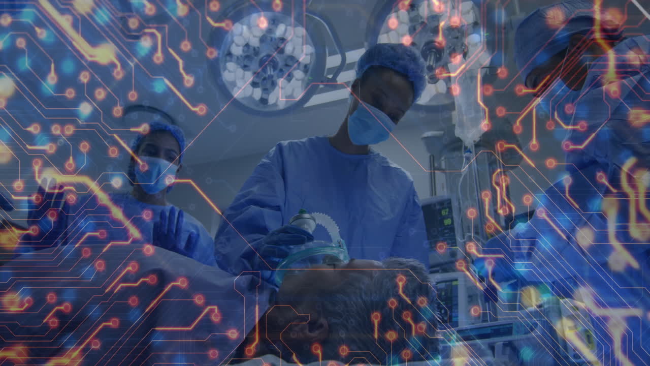 In hospital, surgeons operating with animation of digital circuit overlay, symbolizing tech