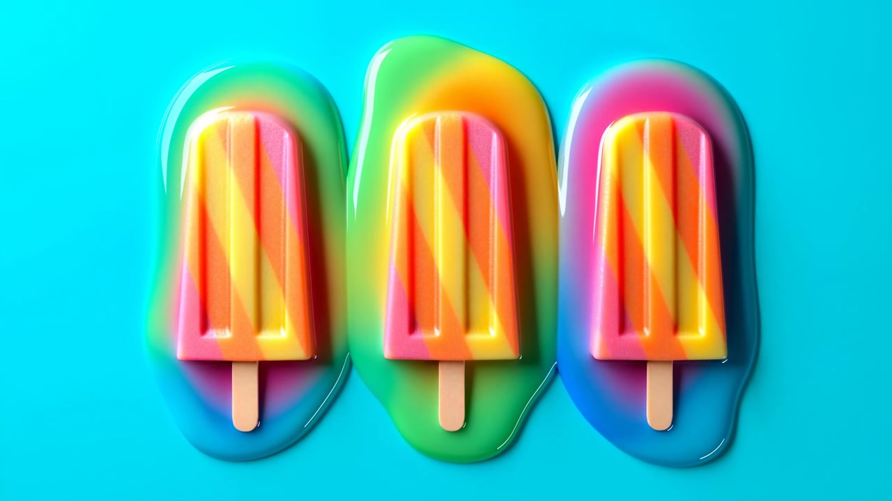 Tre dolcetti ghiacciati dai colori vivaci sono disposti in fila ordinata su uno sfondo da studio turchese pulito, creando una composizione alimentare giocosa e minimale.