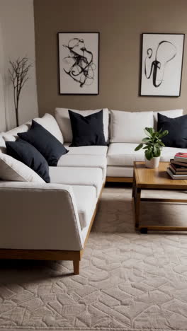 modern living room interior with white sectional sofa and close-up pillow details