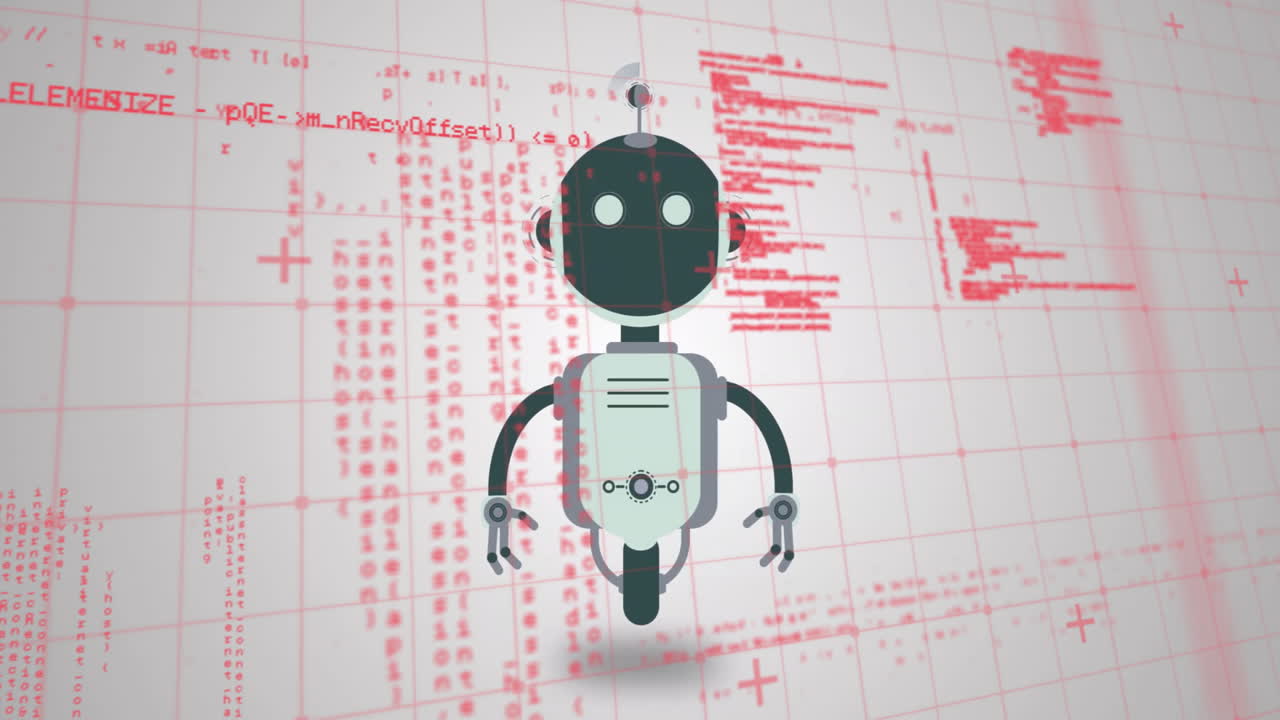 Robot character animation over red coding text on white background