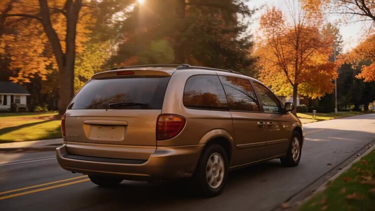 Minivan beige doré s'éloignant de l'objectif sur une rue ensoleillée, se dirigeant vers le bout de la route.