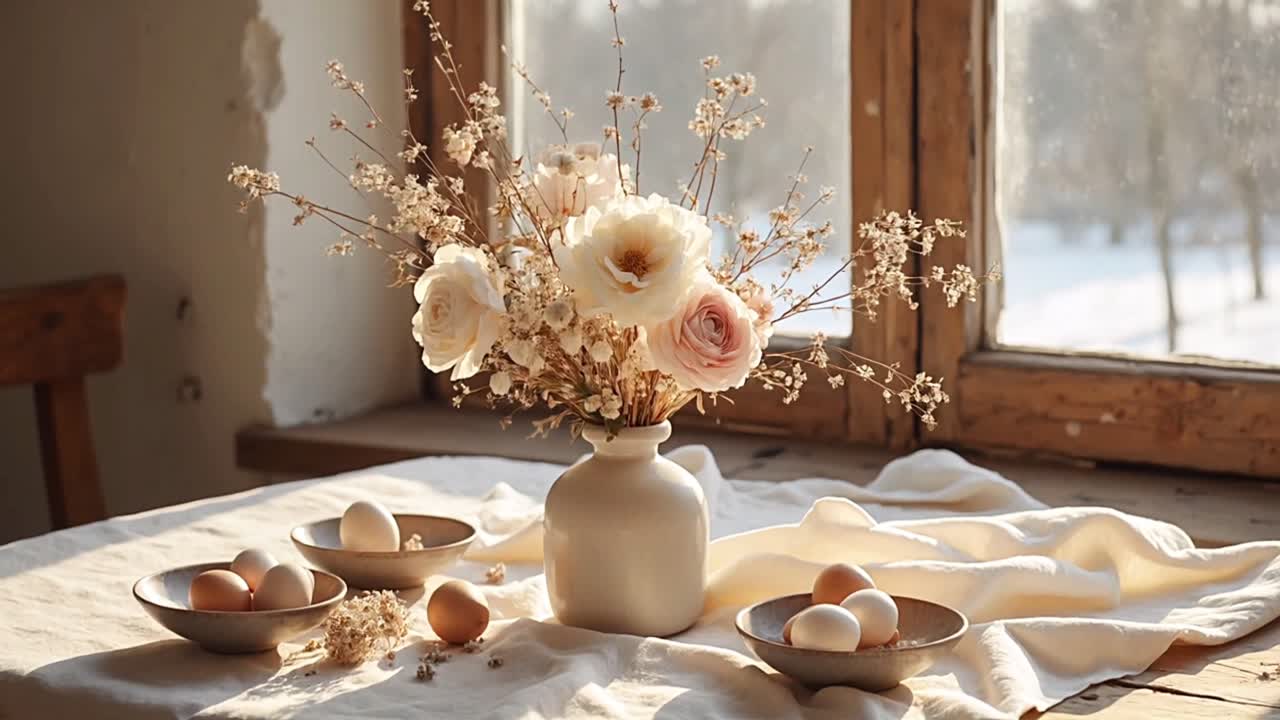 Rustic Easter Table Setting with Dried Flowers and Eggs