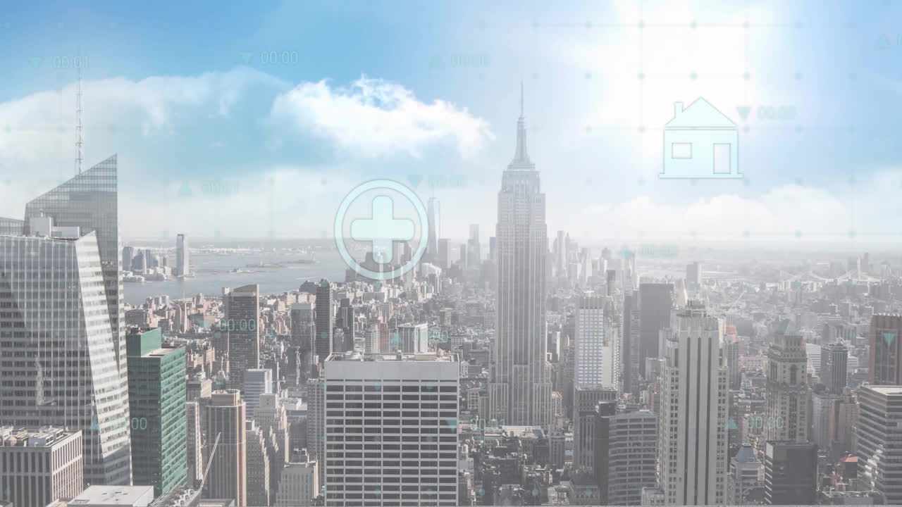 도시 풍경 위의 금융 데이터 처리 애니메이션