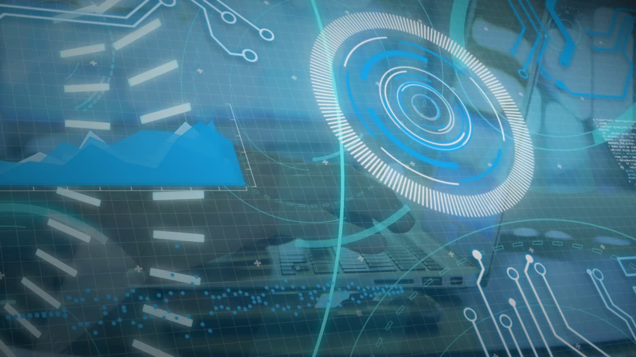 Animation of 5g text banner and round scanners over mid section of person using laptop