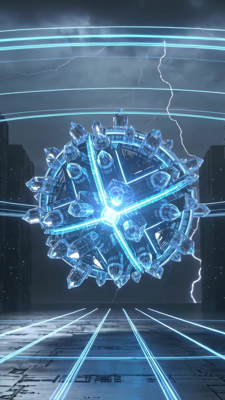 Vertical video: Pulsing crystal orb reacting to lightning, rotating inside hangar with cyan rings