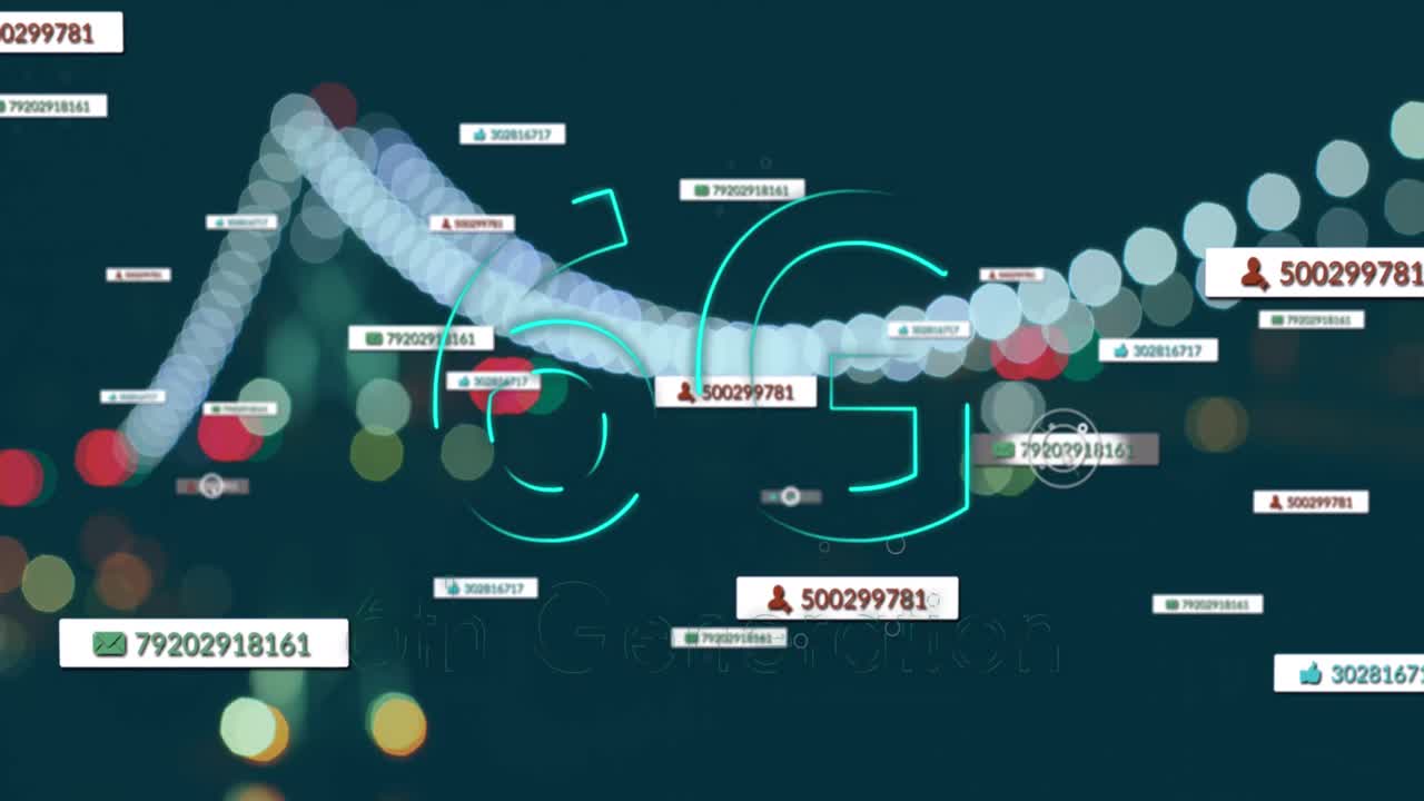 Animation of 6g text over data processing and cityscape