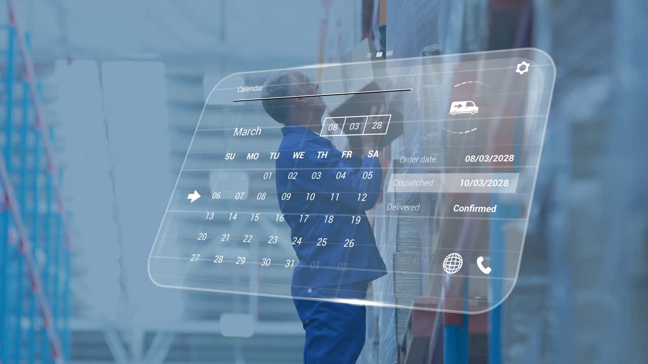 Animation of digital data processing over caucasian man working in warehouse