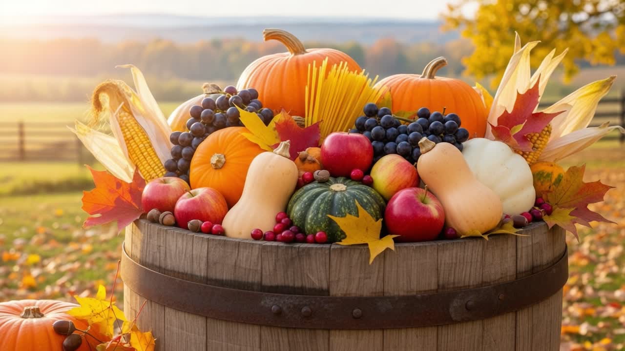 A Vibrant Autumn Harvest Display Featuring Pumpkins, Gourds, and Fresh Fruits Amidst Colorful Fall Foliage in a Rustic Wooden Barrel Setting
