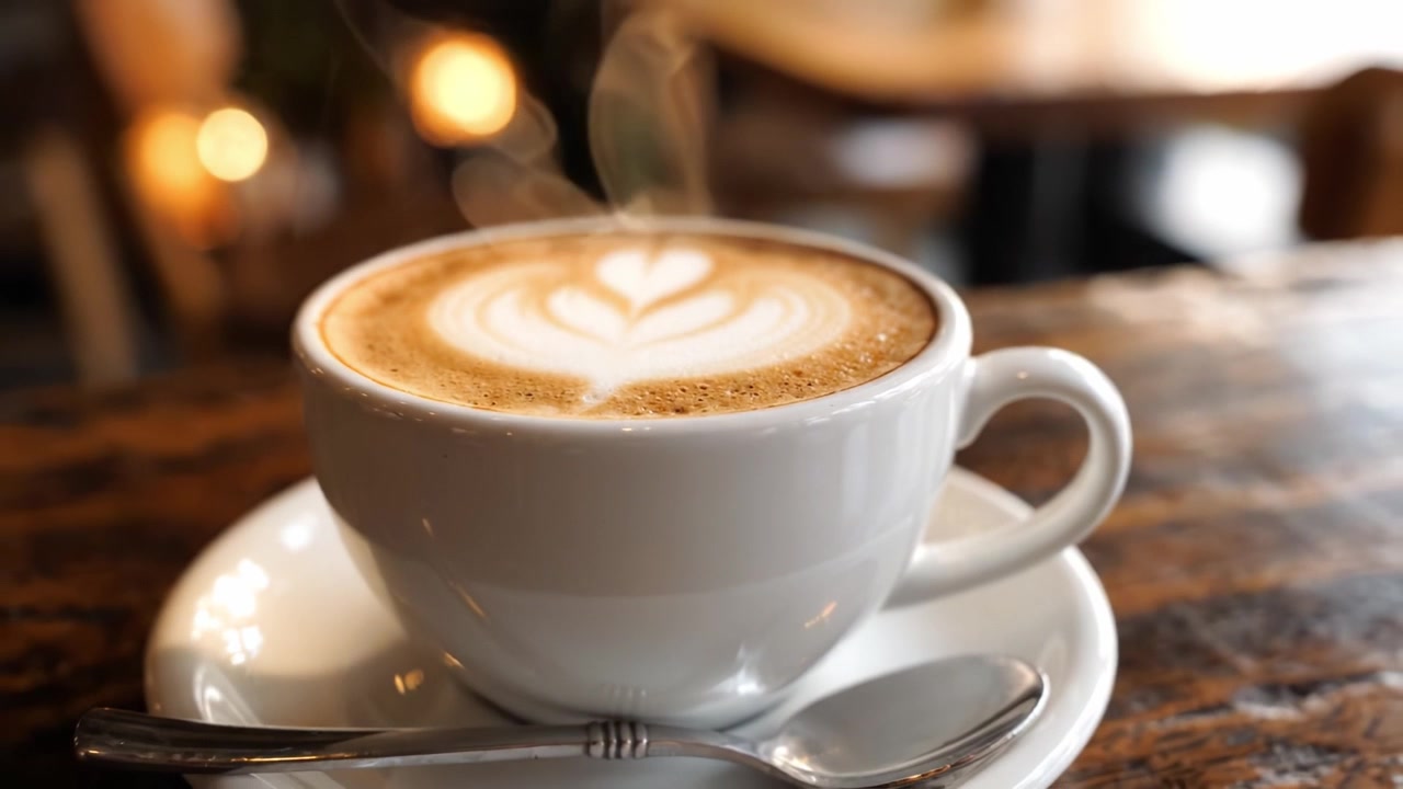 Delizioso primo piano di una tazza di caffè splendidamente preparata con latte art a forma di cuore, circondata da un'atmosfera accogliente da caffè