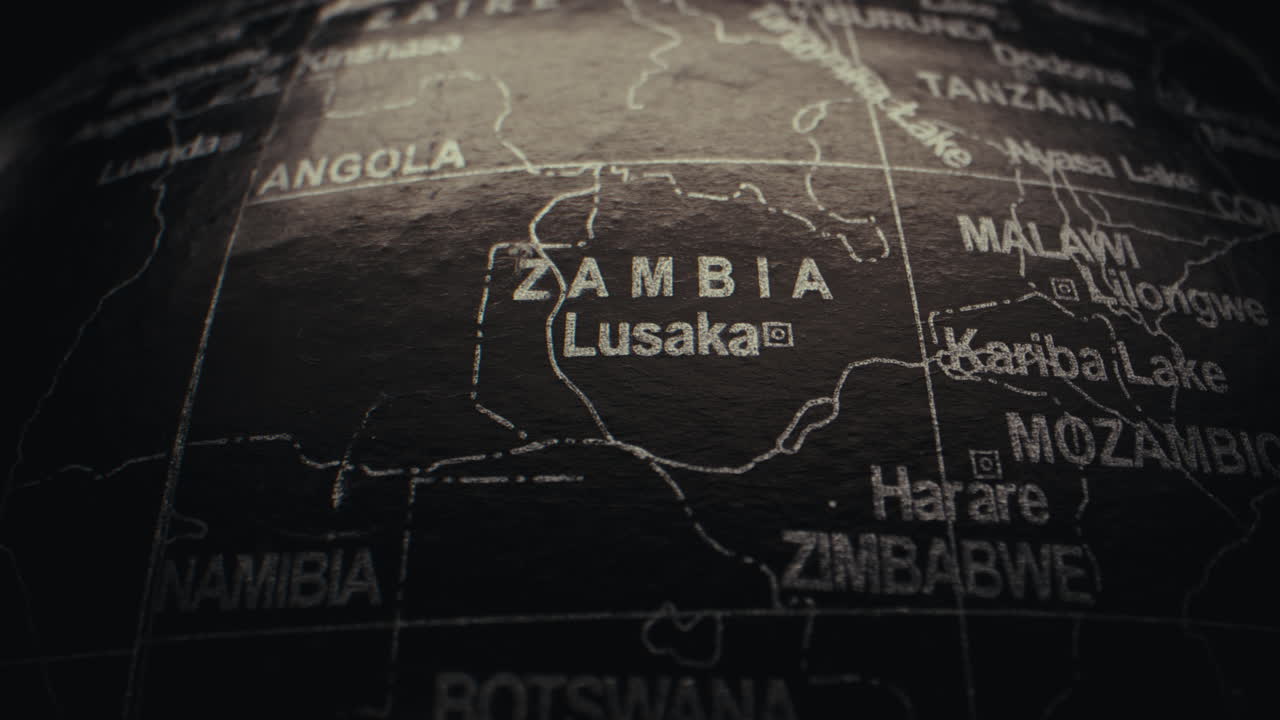 Close-up view of a world globe, showing Zambia and its capital, Lusaka.