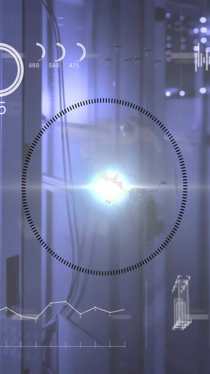 Vertical video: Glowing cluster activating scanner ring over rack, maps shifting for IT monitoring