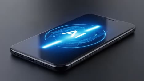 a sleek smartphone displaying an advanced artificial intelligence interface, showcasing vibrant blue graphics and digital elements that represent ai technology innovation