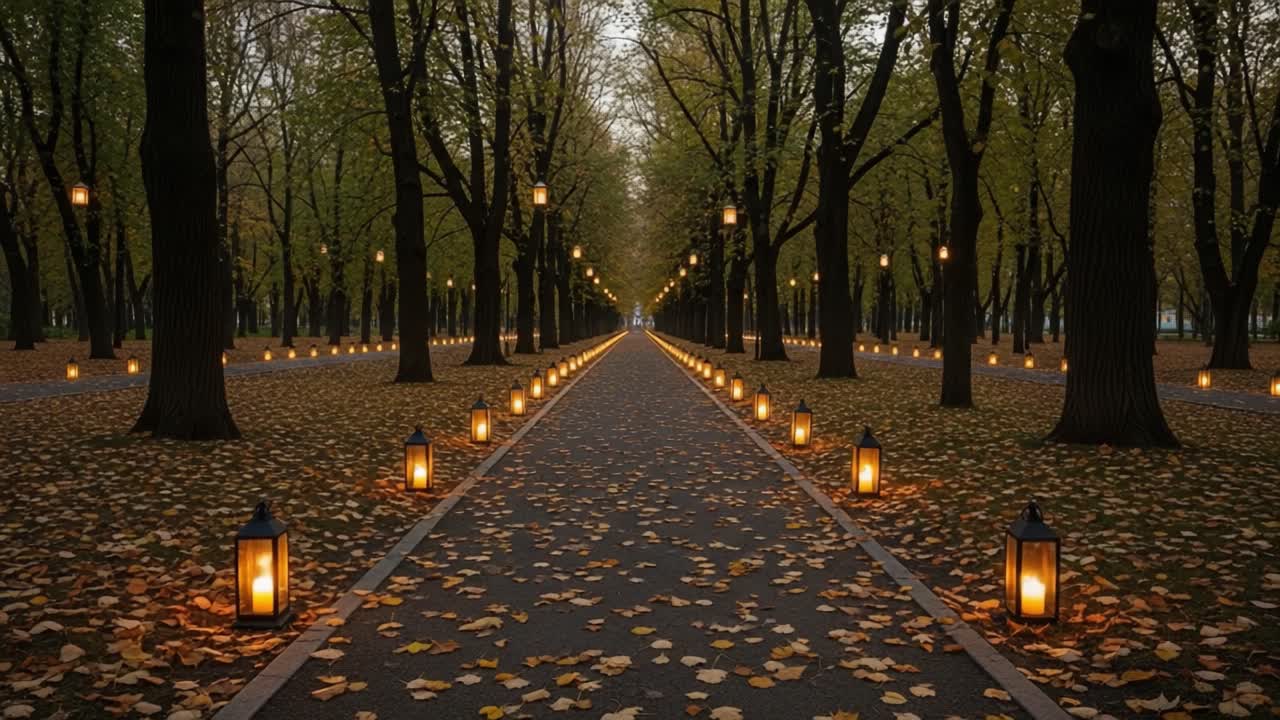 A Serene Autumn Pathway Illuminated by Lanterns, Framed by Golden Leaves and Majestic Trees in a Graceful Display of Nature's Beauty