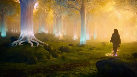 a girl walks through a glowing forest