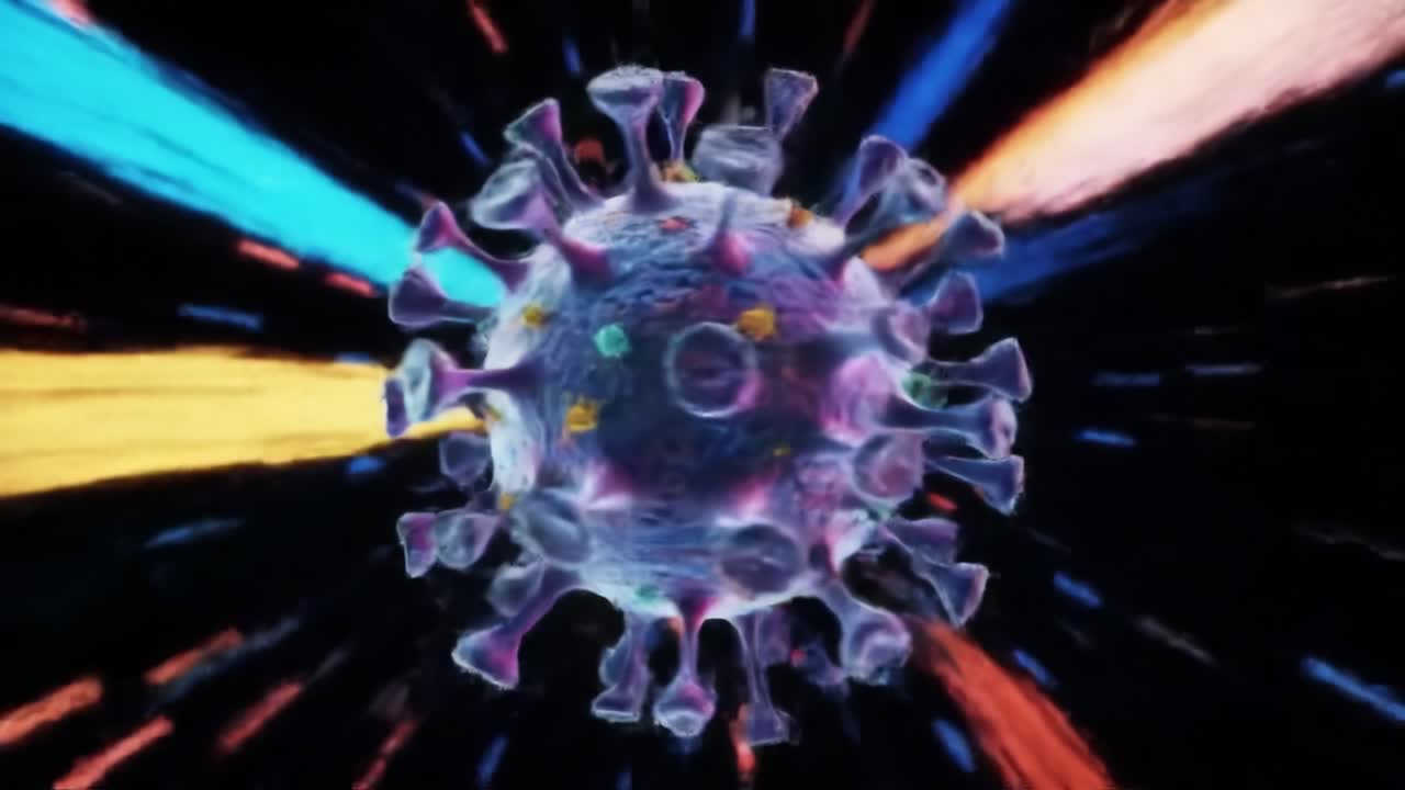 Visual Representation of a Virus in Motion: Captivating Animation Showcasing the Intricacies of Viral Structure and Dynamics in a Colorful Cosmic Environment