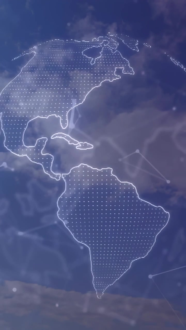 Video vertical: Globo holográfico desvaneciéndose sobre el cielo, girando con nodos de tierra en movimiento mostrando enlaces tecnológicos.