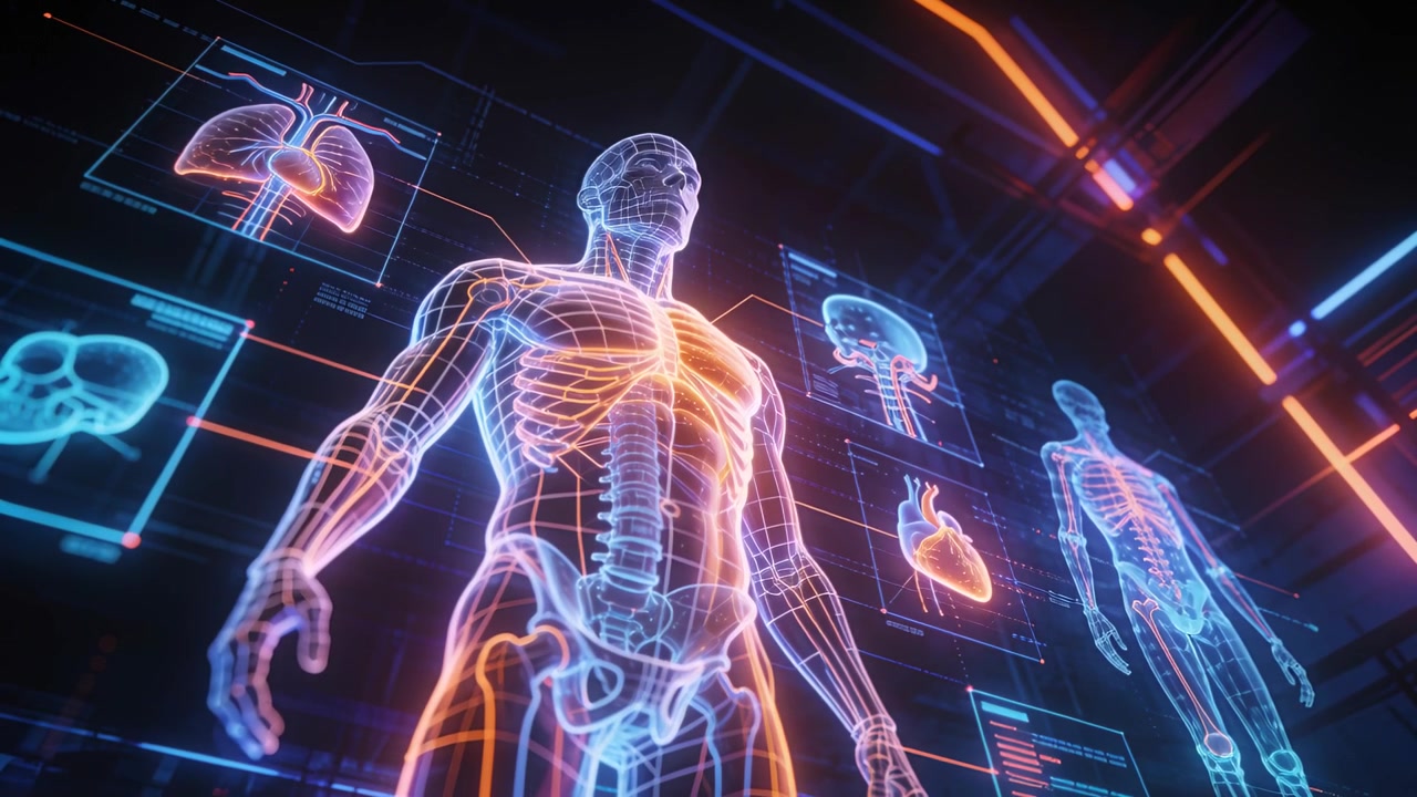Sistema che avvia scansione medica in laboratorio tecnologico, modello olografico che illumina cuore e polmoni, aggiornamento HUD