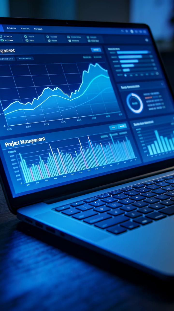 Receiving data, laptop displaying updating analytics dashboard on desk, with line and bar charts