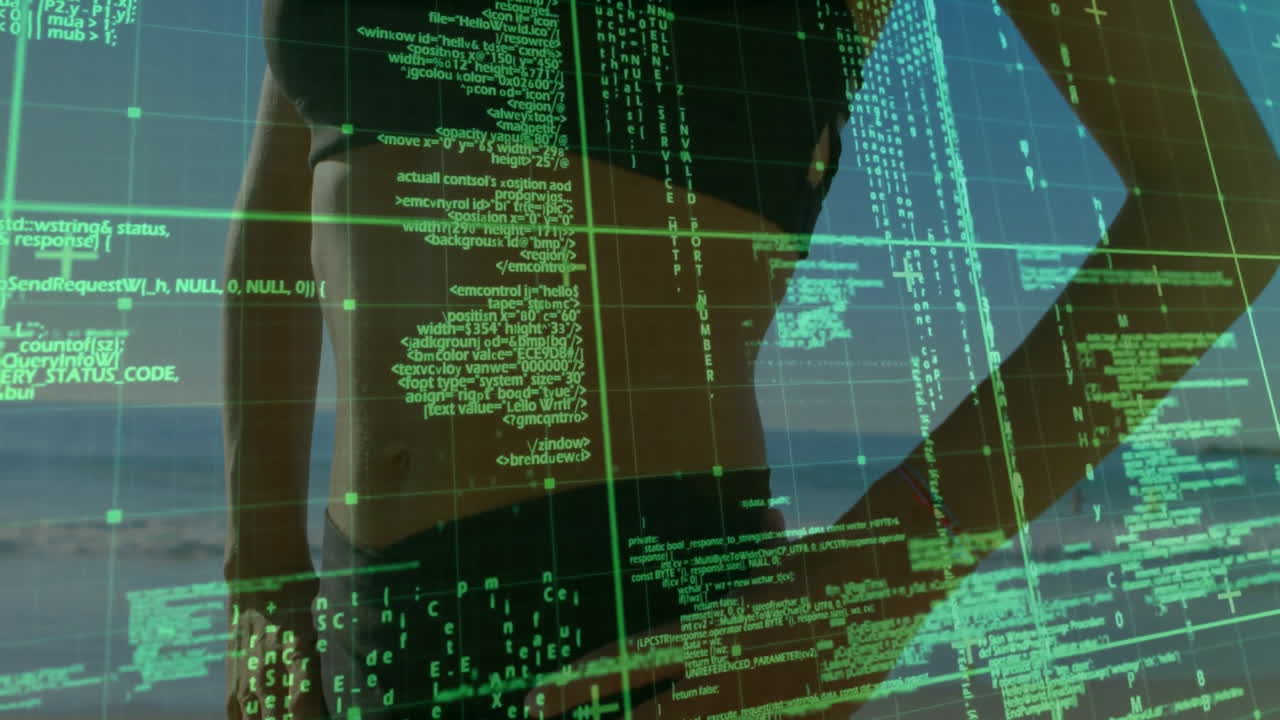 Green digital code and data processing animation over person using computer