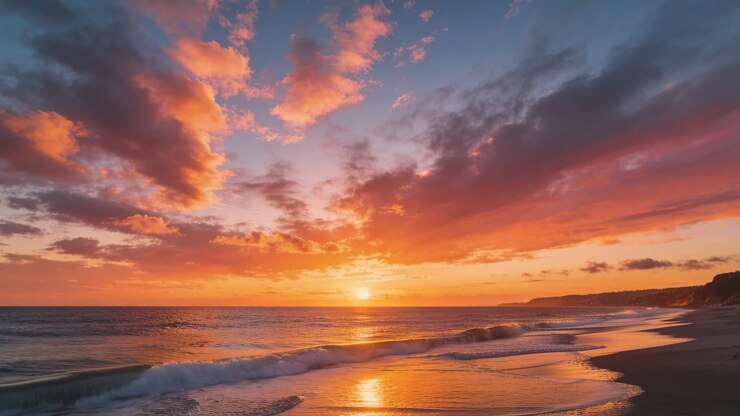 Shining sun descending toward horizon, casting reflection on wet sand, waves foaming, cliffs right