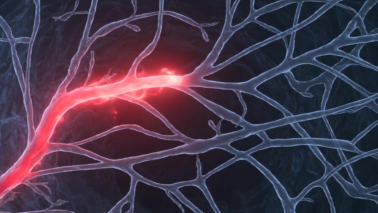 Propagating primary branch sending red pulse from base hotspot in neural field, with synapse nodes