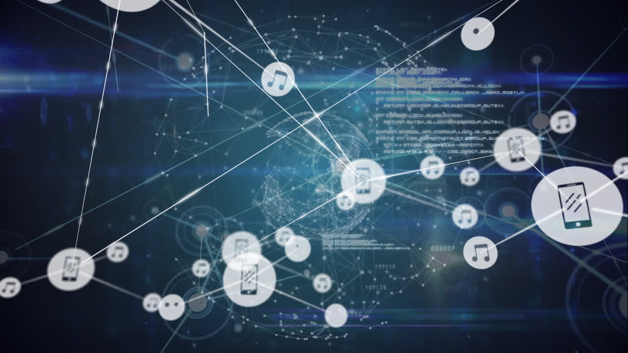 파란색 배경에 있는 데이터 처리 및 아이콘의 애니메이션