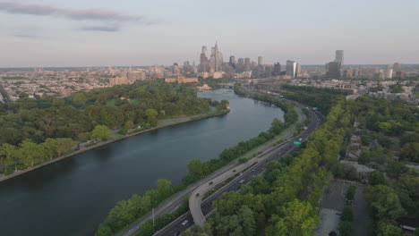 aerial view of downtown philadelphia. shot along the schuylkill river on a summer day