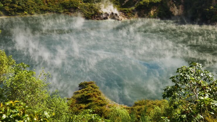 Mystical Stzeam of Frying pan Lake hovering over water surface with high temperature in sun
