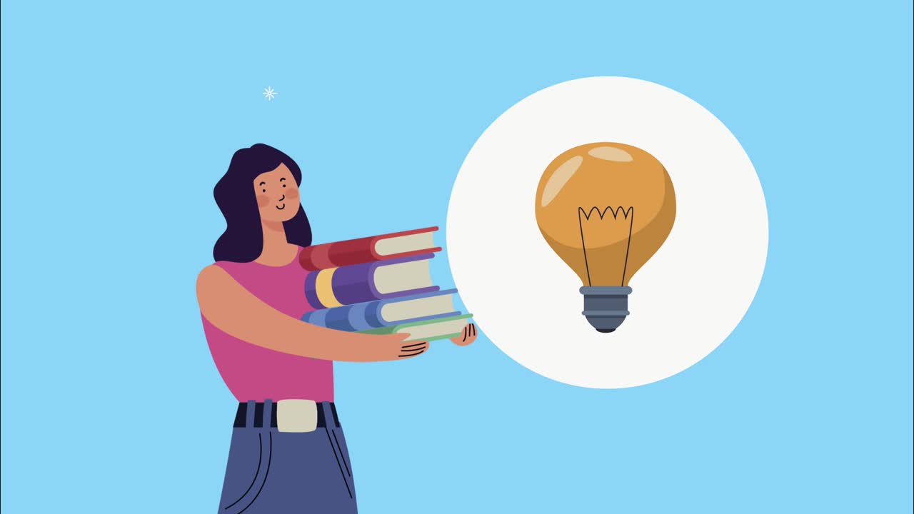 mujer de éxito con libros y bombilla