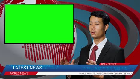 live news studio with sild view of asian male anchor reporting on a story, uses green chroma key screen placeholder copy space.television newsroom channel with professional presenter