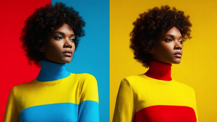 Um dueto de moda impressionante: um modelo exala elegância e estilo em cores vibrantes e contrastantes, exibindo uma dinâmica que abraça as tendências da moda com estampas e texturas ousadas
