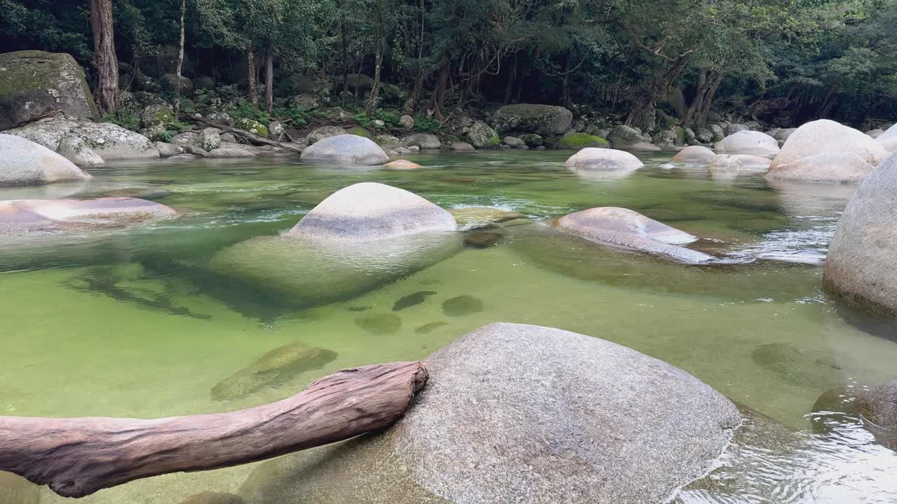 Serene river with smooth boulders and lush greenery in Mossman Gorge, showcasing natural beauty and tranquility