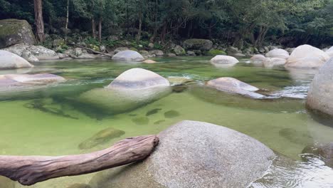 serene river with smooth boulders and lush greenery in mossman gorge, showcasing natural beauty and tranquility