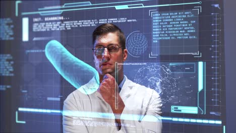 Animation-of-male-scientist-behind-interactive-computer-screen-with-medical-data-processing